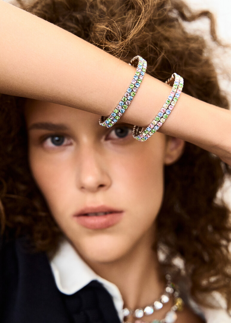 silver bracelet with multicolored crystals