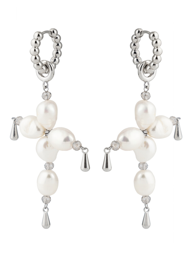 Renaissance White. Серьги с крестами из крупного белого жемчуга
