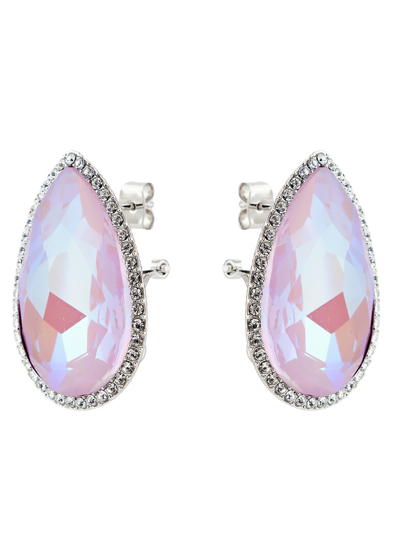 Silver large earrings with pink crystal in the shape of a pear