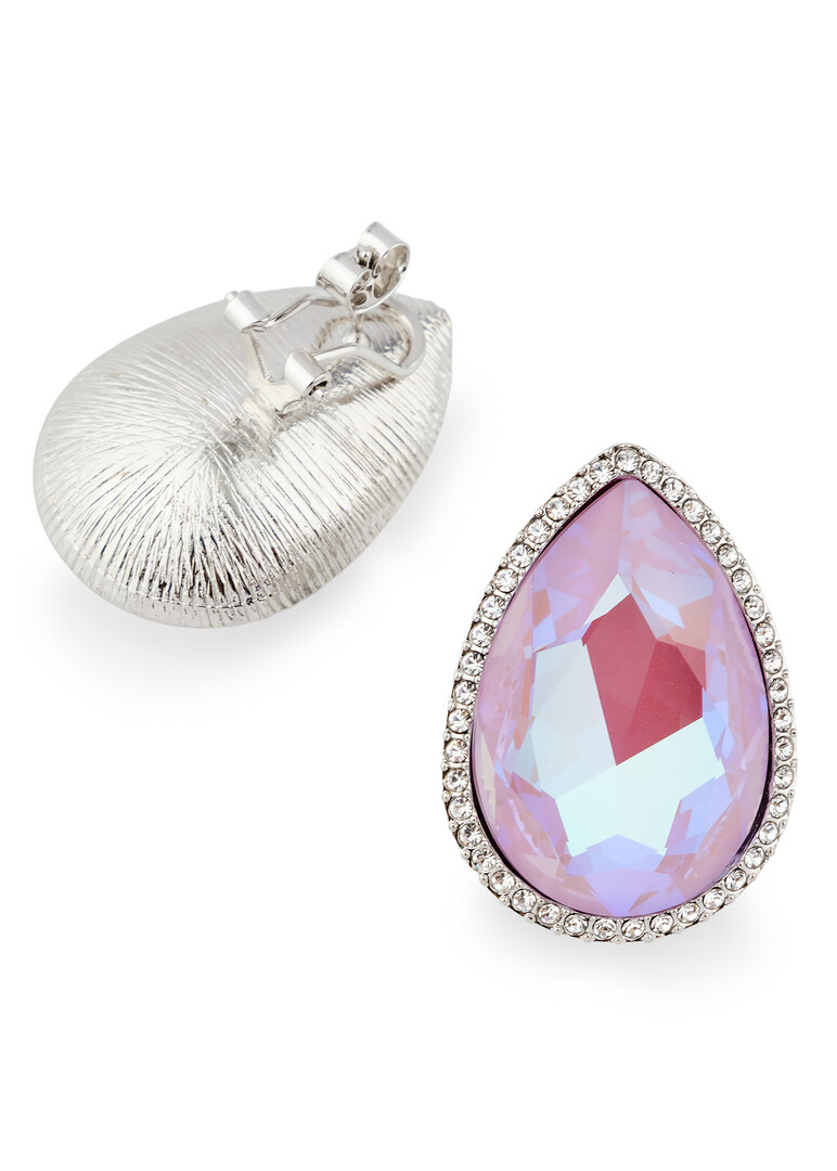 Silver large earrings with pink crystal in the shape of a pear