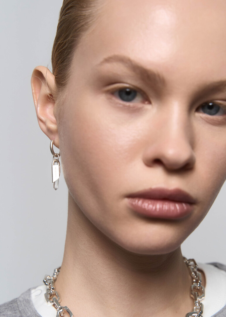 silver monoose earring with clear quartz Earring Classic with Wild Crystal