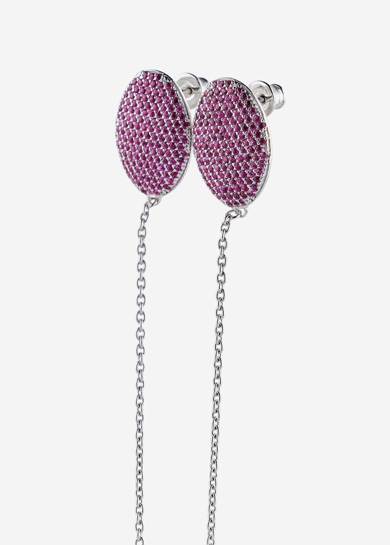 silver pink cubic zirconia long chain earrings