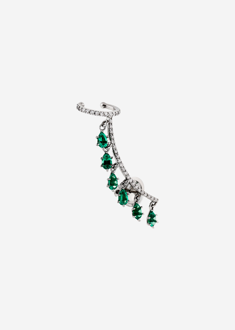 white gold synthetic emerald and lab-grown diamond cuff earring