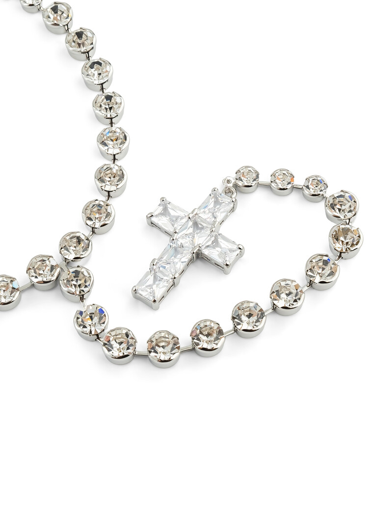 Silver sautoir with crystals and a cross pendant
