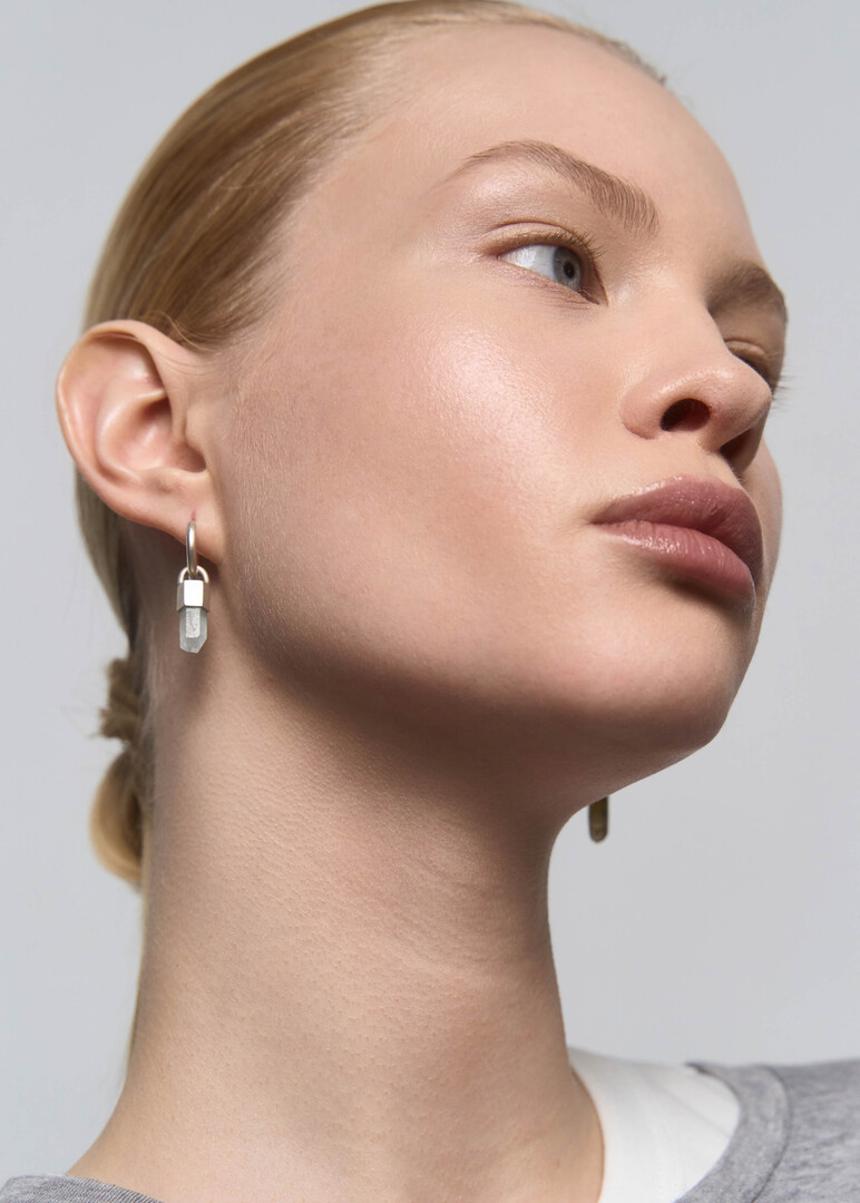 silver mono earring with grey quartz Earring Classic with Wild Crystal
