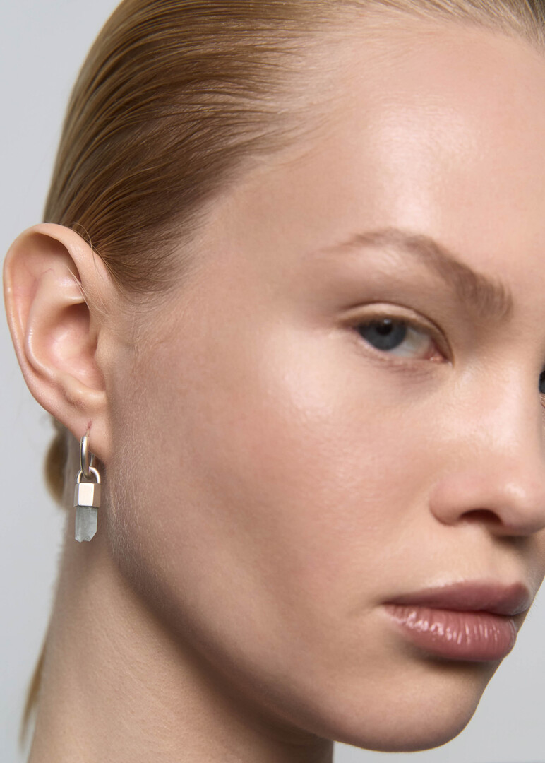silver mono earring with grey quartz Earring Classic with Wild Crystal