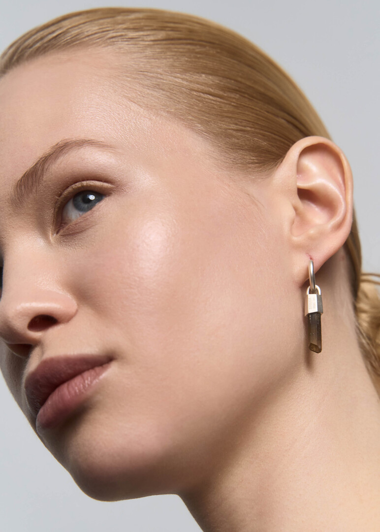 silver mono earring with brown quartz Earring Classic with Wild Crystal