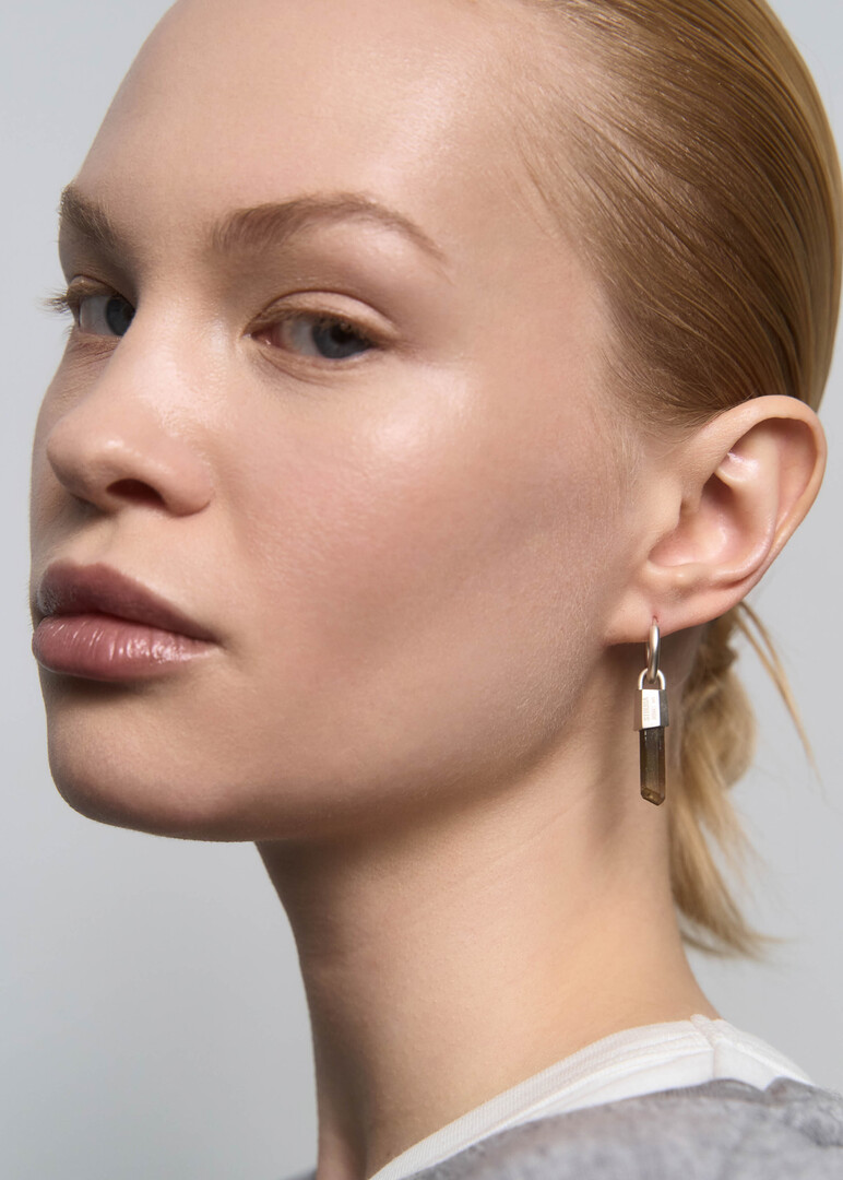 silver mono earring with brown quartz Earring Classic with Wild Crystal