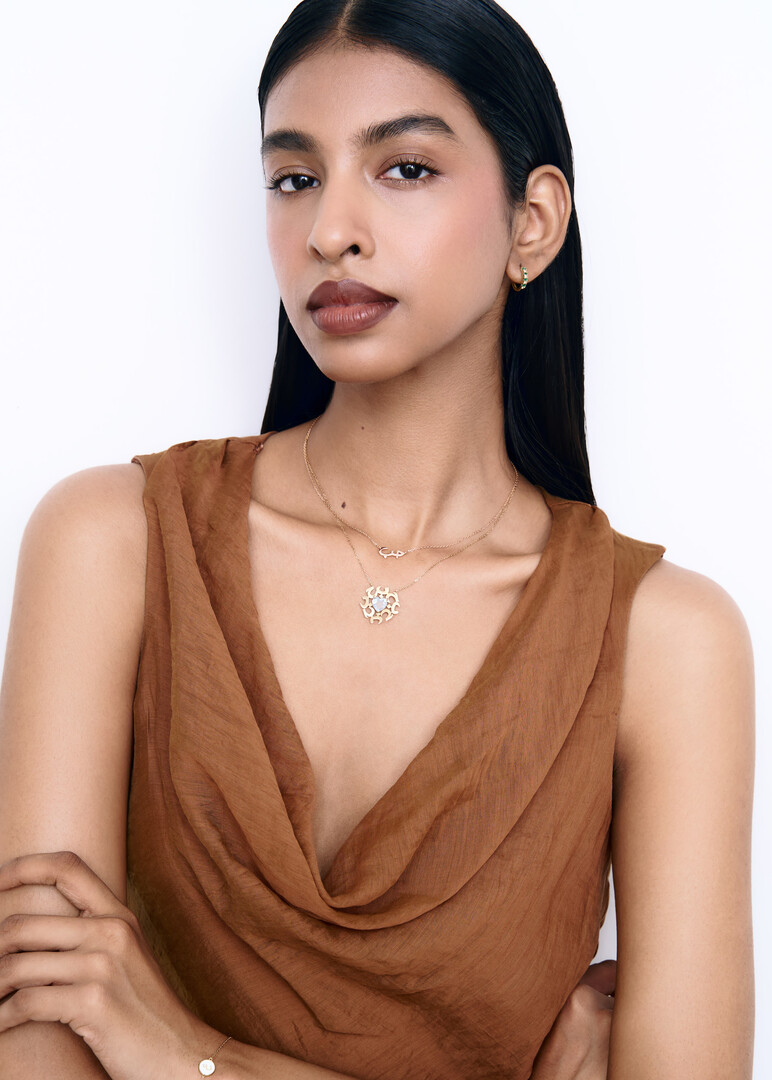 Necklace - Hobb, 18K Yellow Gold & Precious Stone Heart and Word, Hob Blue Topaz