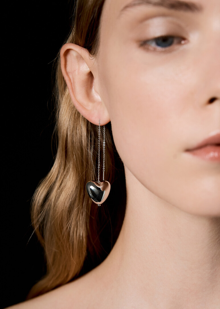 Silver-tone long chain stud earrings with heart pendants
