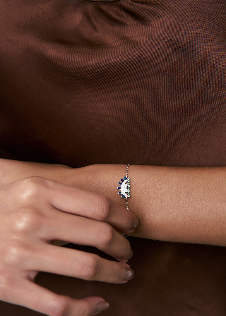 Ya Ein Bracelet, 18K White Gold, Blue Topaz, Emeralds, Sapphire