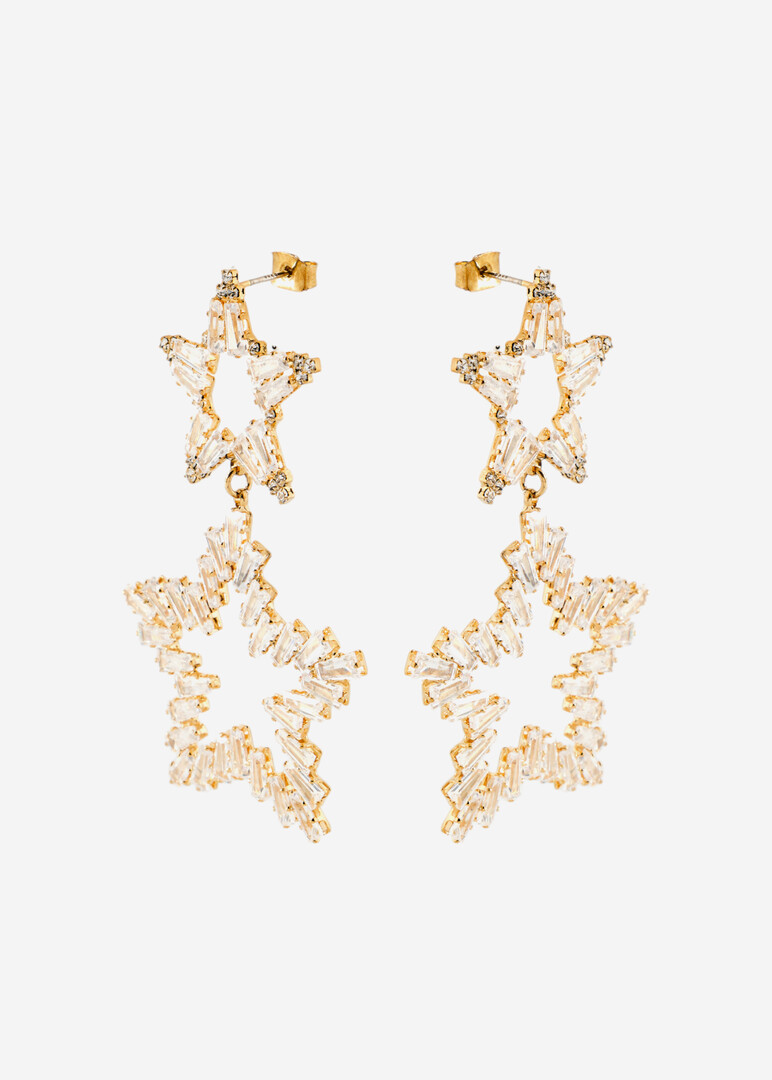 Gold earrings made of two stars with crystals