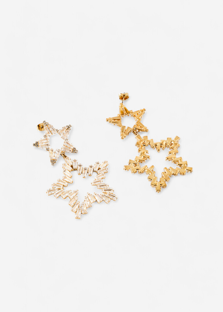 Gold earrings made of two stars with crystals