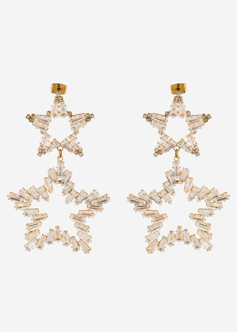 Gold earrings made of two stars with crystals