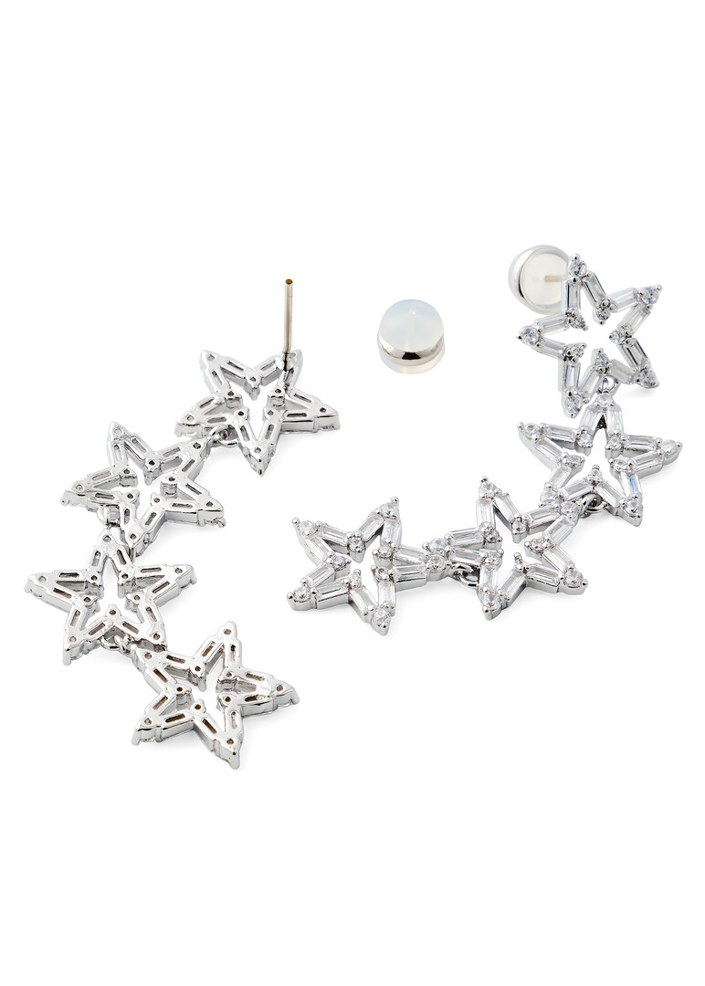 Silver long earrings with stars with crystals
