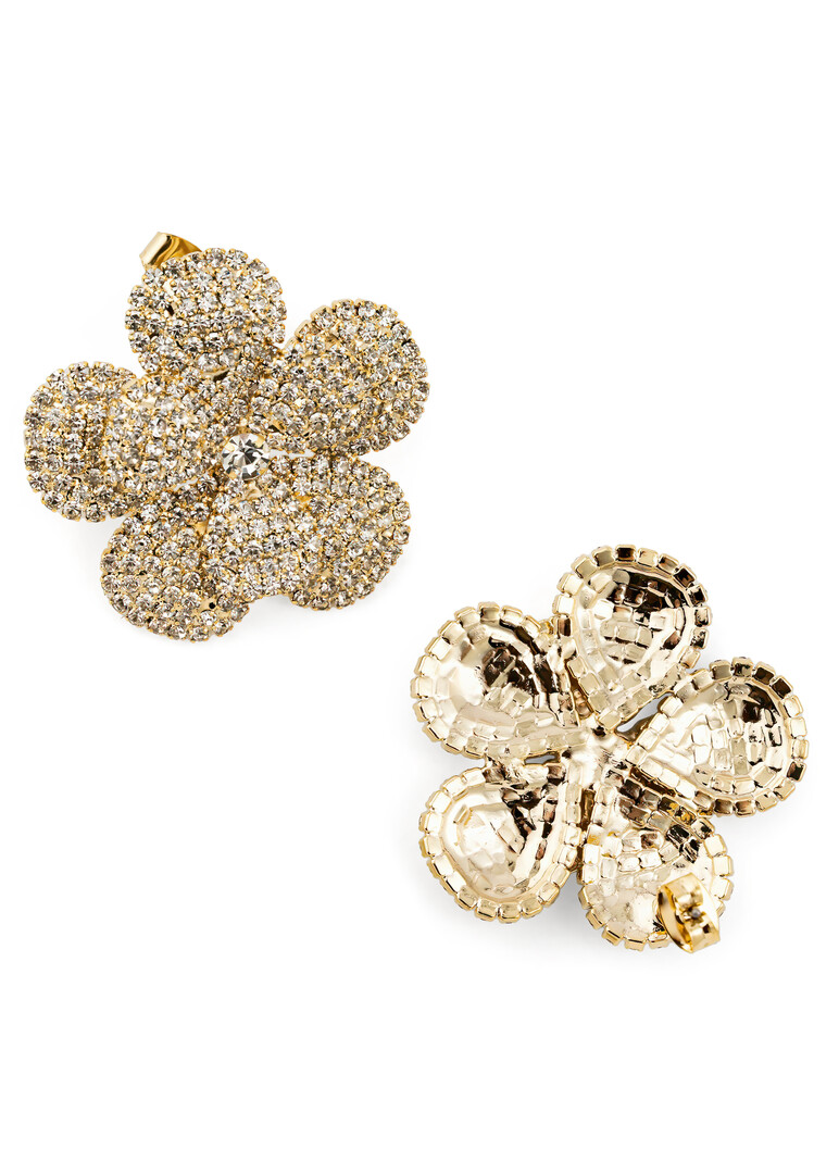 Golden flower-shaped earrings with a scattering of crystals