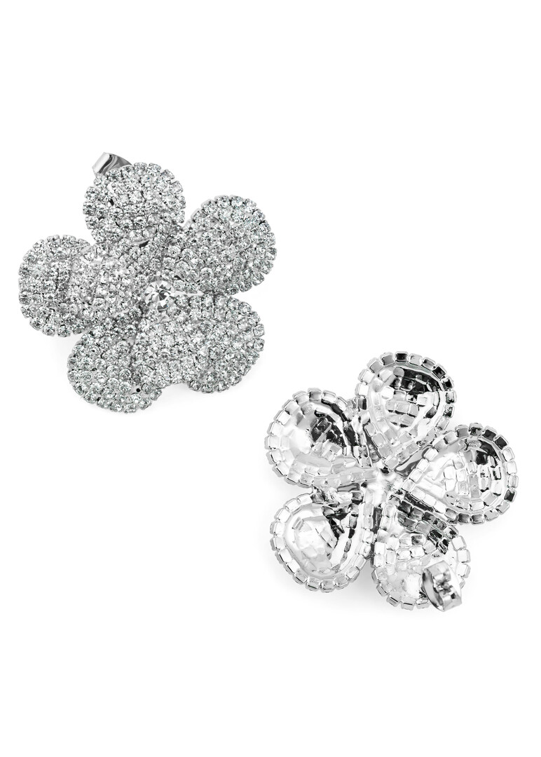 Silver flower-shaped earrings with a scattering of crystals