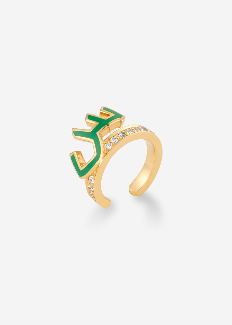 Cuff "Hobbi", 18K Yellow Gold & Enamel Letter Seen Green