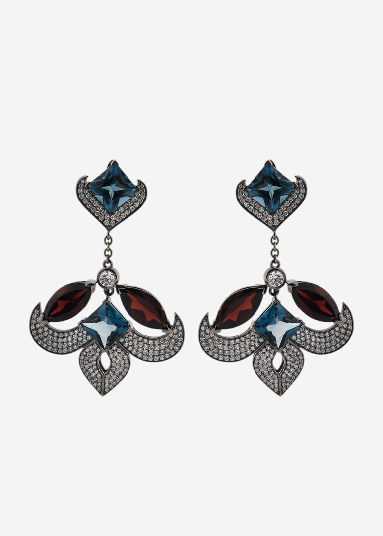 Gold earrings with topaz, garnet and diamonds