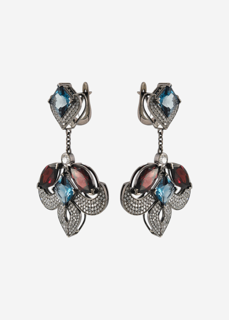 Gold earrings with topaz, garnet and diamonds