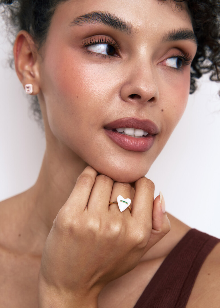 Pink Enamel and Emerald Heart Ring