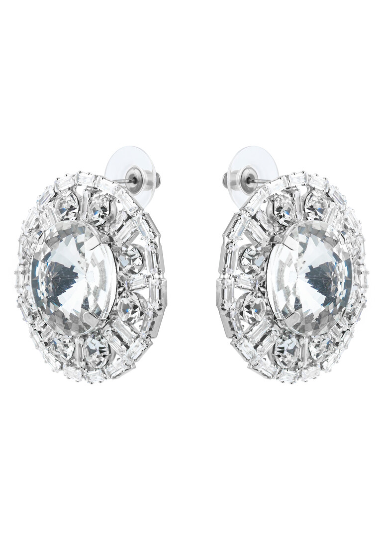 Round silver earrings with a large crystal