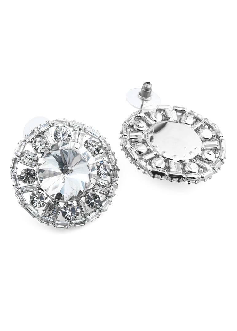 Round silver earrings with a large crystal