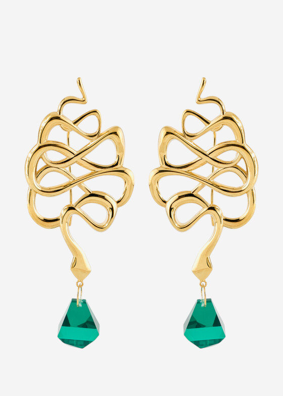 Акцентные серьги Dzhanelli Jewellery Позолоченные серьги из серебра с синтетическими изумрудами, коллекция SERPENTES