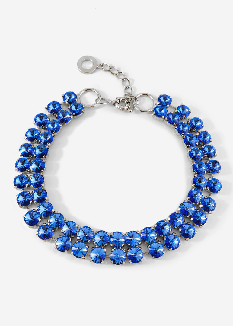 Silver layered necklace with blue crystals