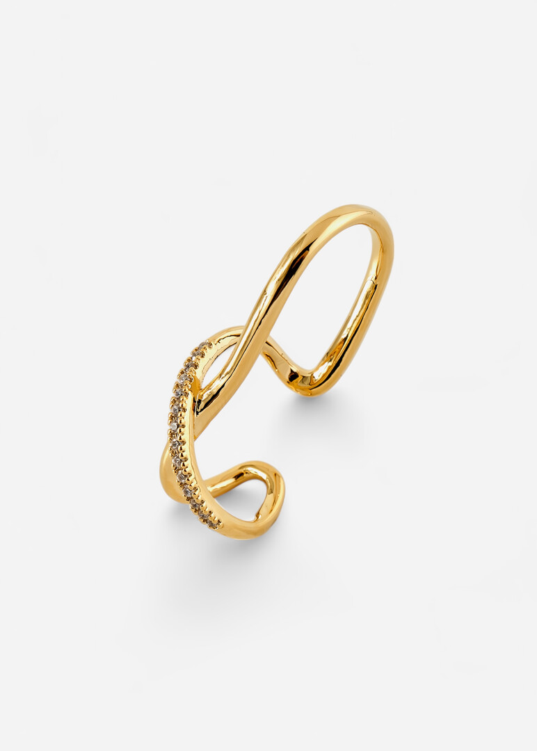 Gold-plated two-finger ring with a crystal overlay