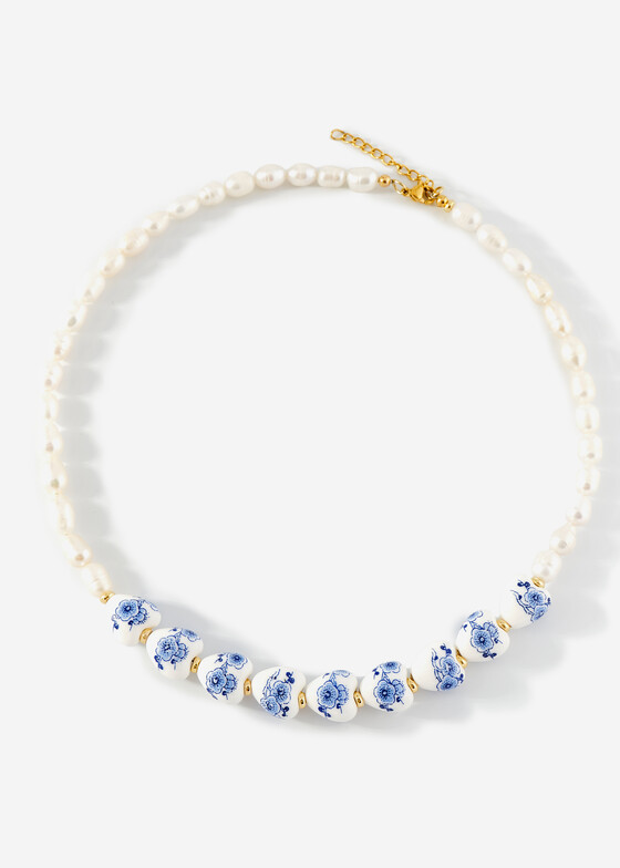 Колье из бусин Seed Bead Позолоченное колье «гжелика» из керамики