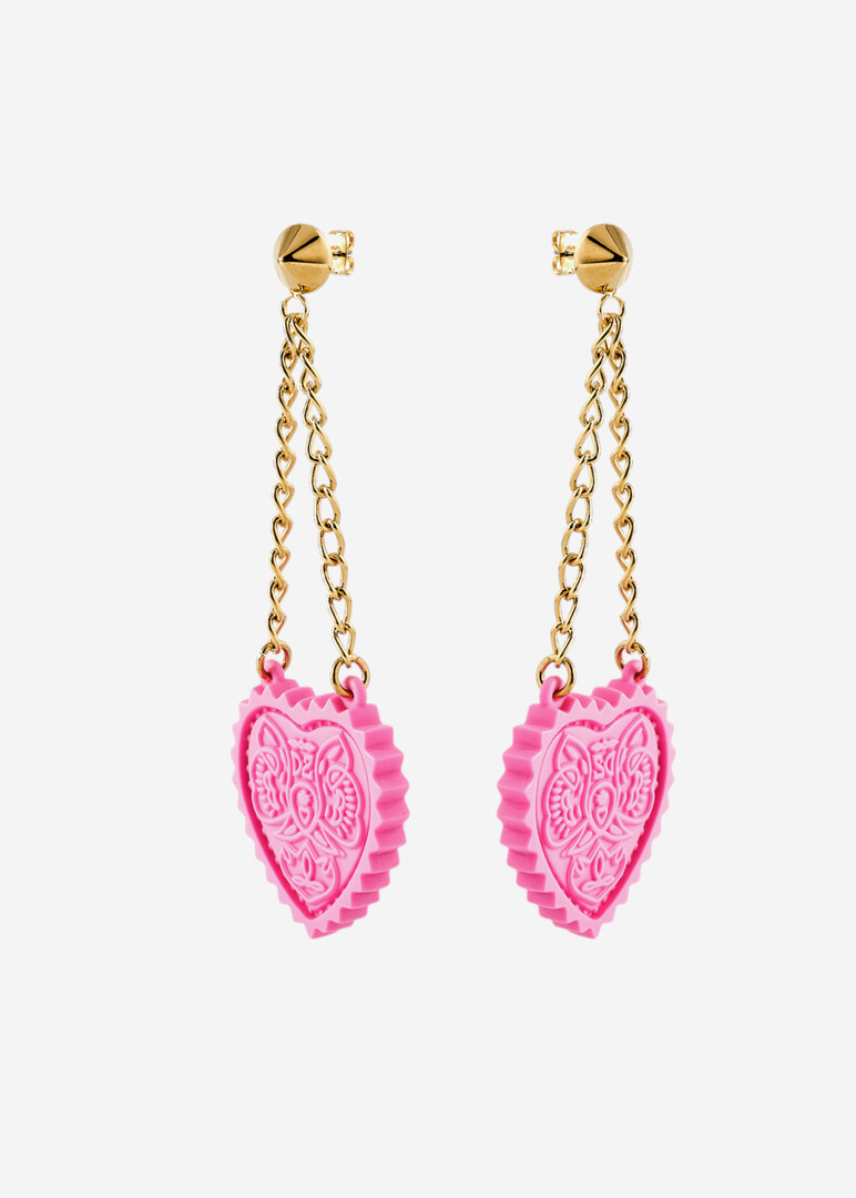 earrings with a pendant in the shape of a pink heart