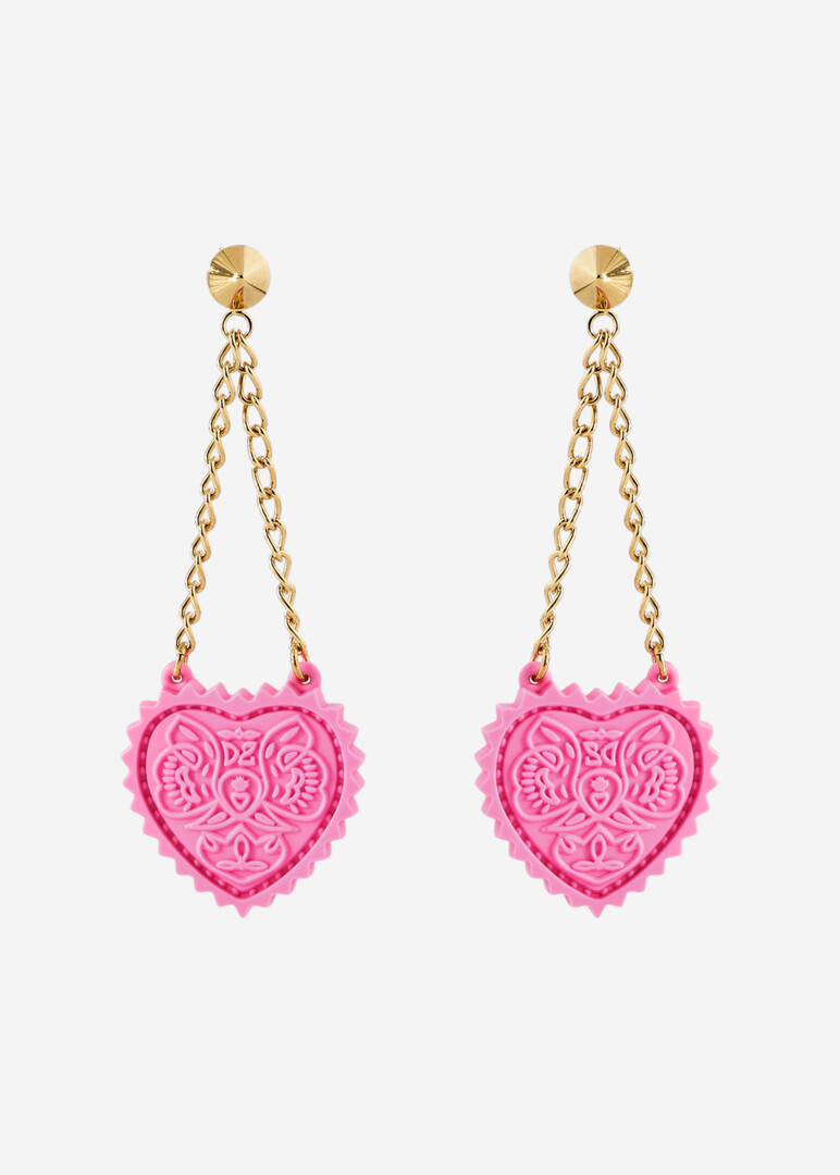 earrings with a pendant in the shape of a pink heart
