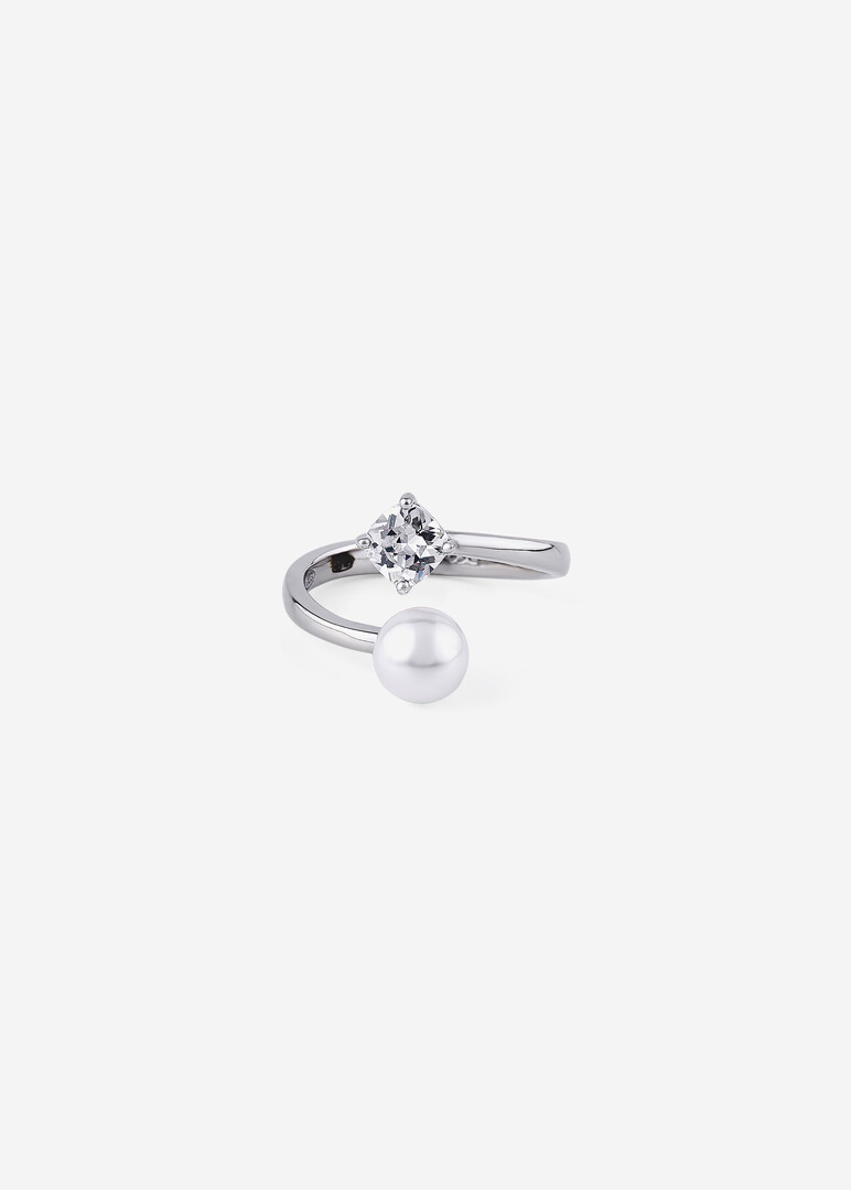 silver ring with square-shaped cubic zirconia and imitation pearl from INFINITE WHITE collection