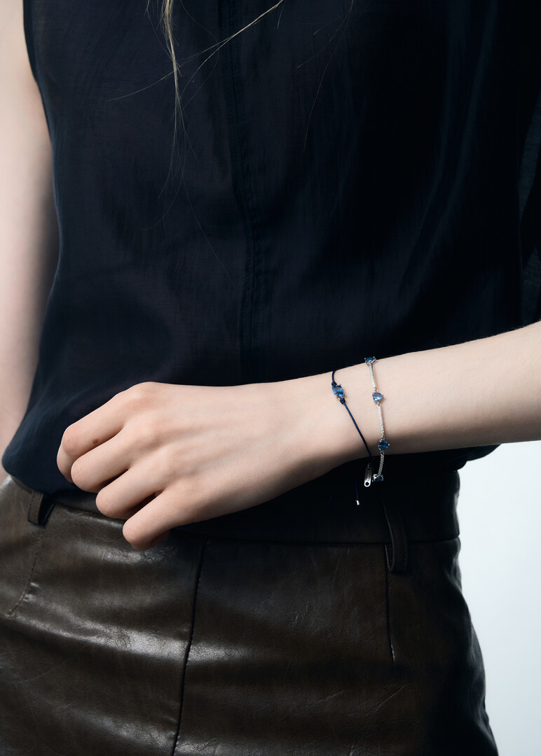 silver bracelet with cubic zirconia on a blue cord FREEDOM BLUE