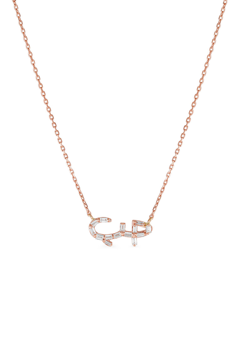 rose gold love necklace with baguette diamonds