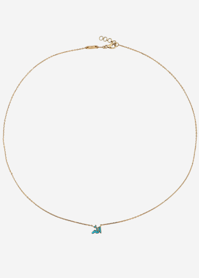 pendant necklace oula 18k yellow gold enamel xs word allah turquoise