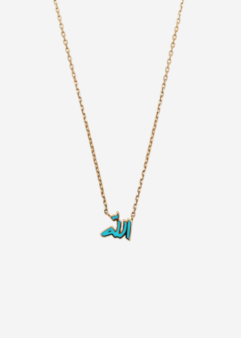 pendant necklace oula 18k yellow gold enamel xs word allah turquoise