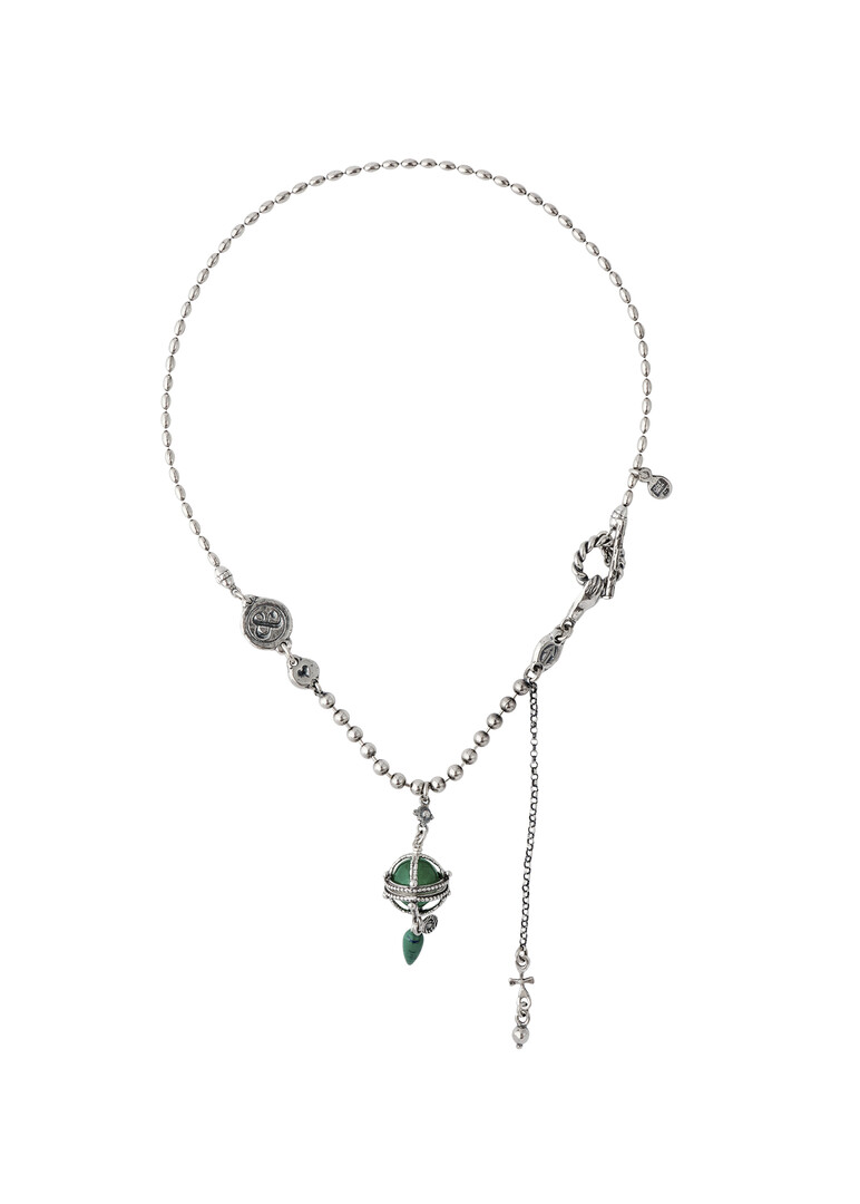silver necklace with agate and malachite