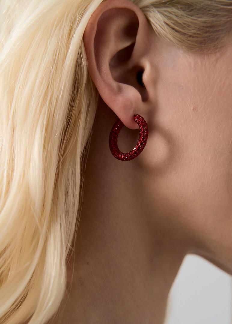 Large hoop earrings with red crystals