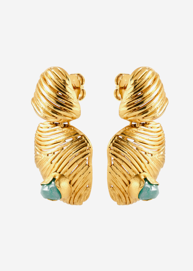 Gold-plated double large earrings with shell and emeralds