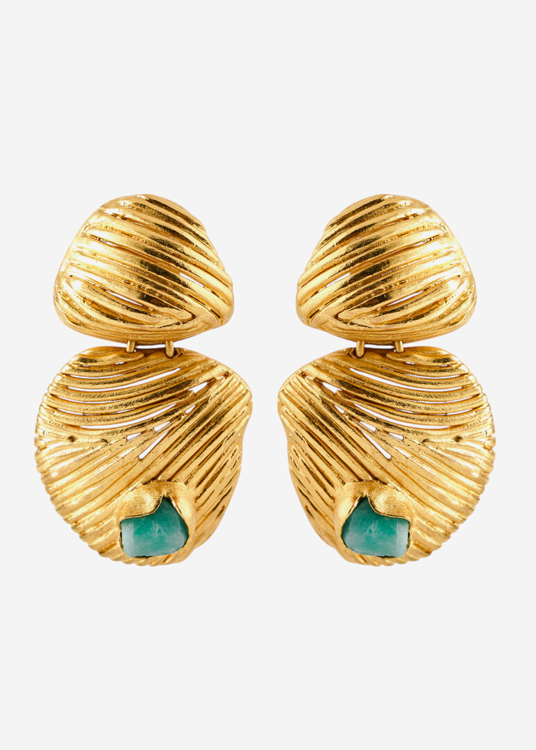 Gold-plated double large earrings with shell and emeralds
