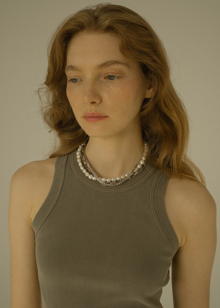 Triple necklace with river pearls, crystals and chain, Roskoshestvo