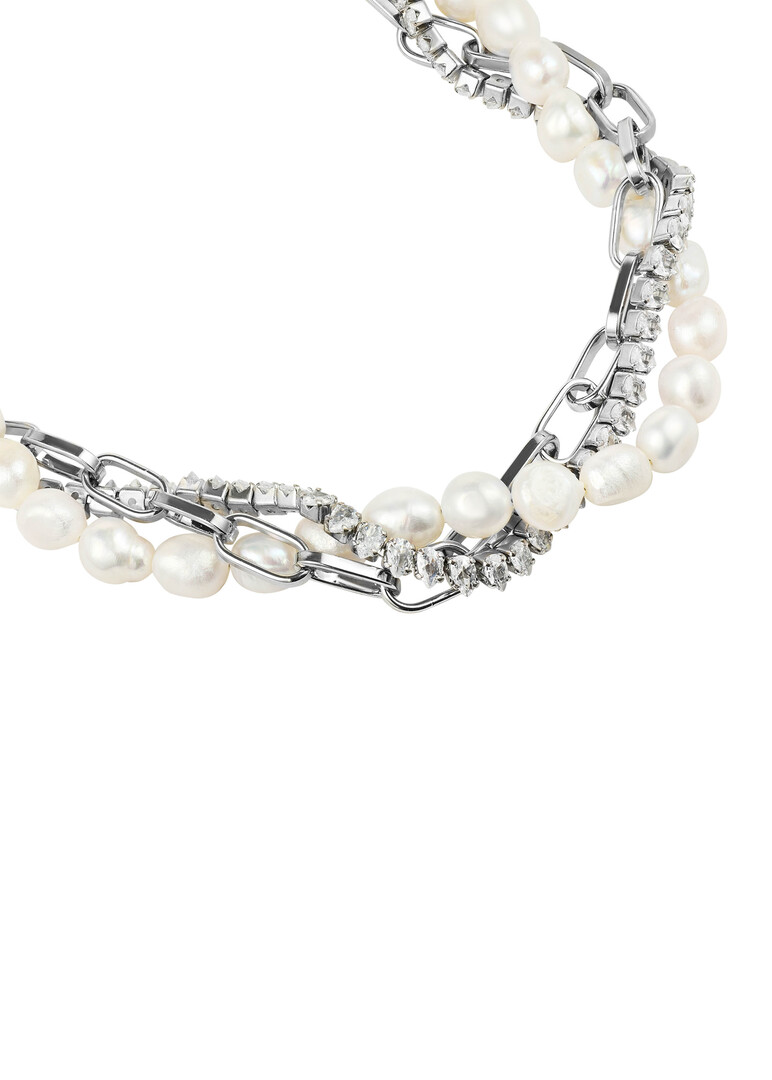 Triple necklace with river pearls, crystals and chain, Roskoshestvo