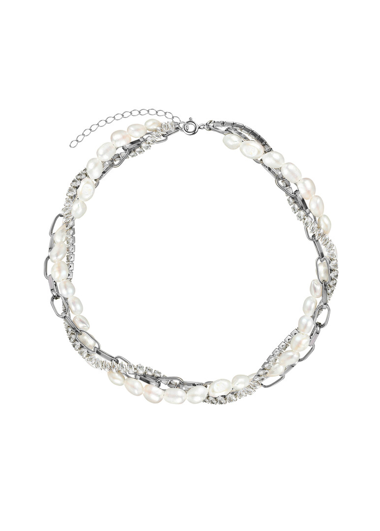 Triple necklace with river pearls, crystals and chain, Roskoshestvo
