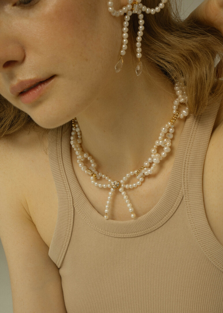 Pearl chain necklace with bow and crystal, Baroque Party