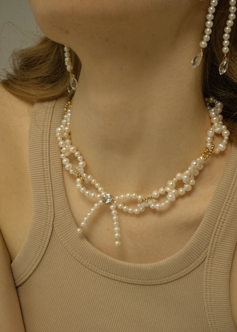 Pearl chain necklace with bow and crystal, Baroque Party