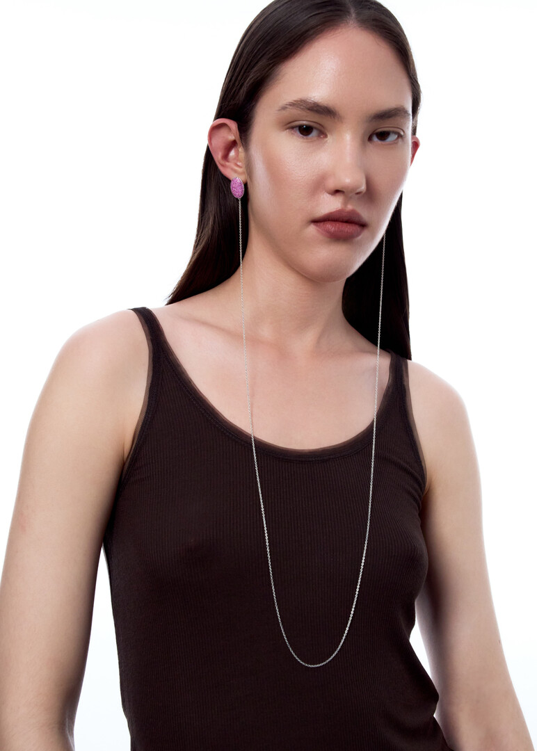 silver pink cubic zirconia long chain earrings