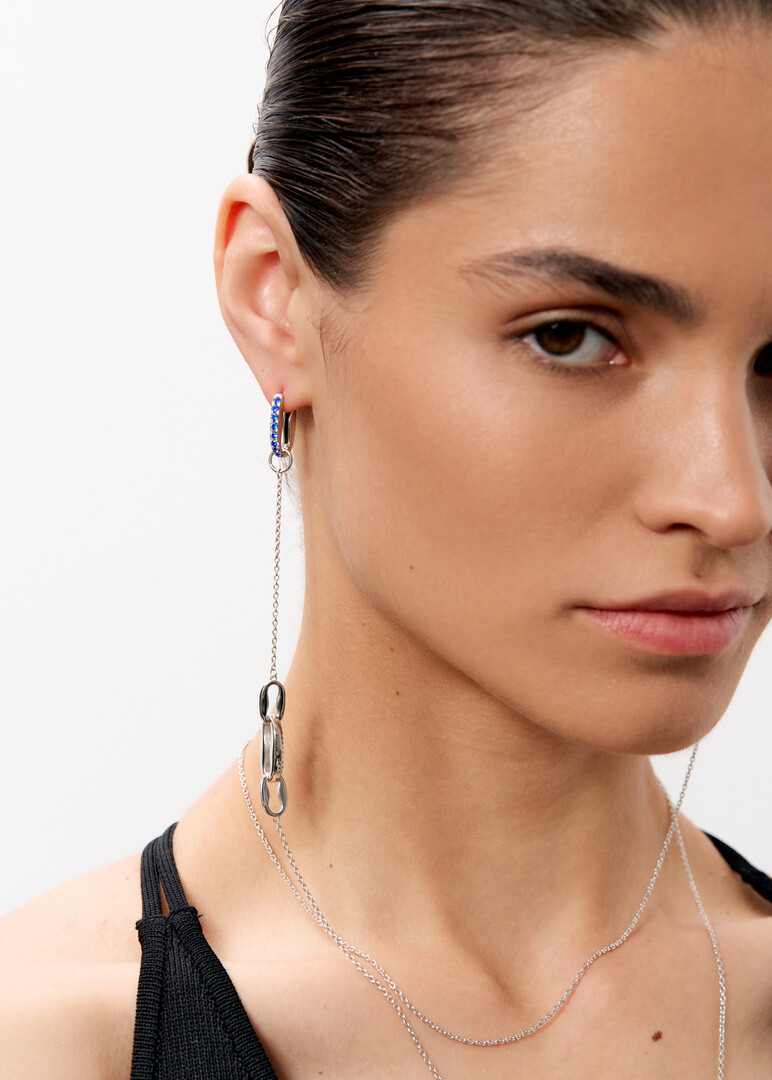 silver earrings with blue cubic zirconia and a removable chain