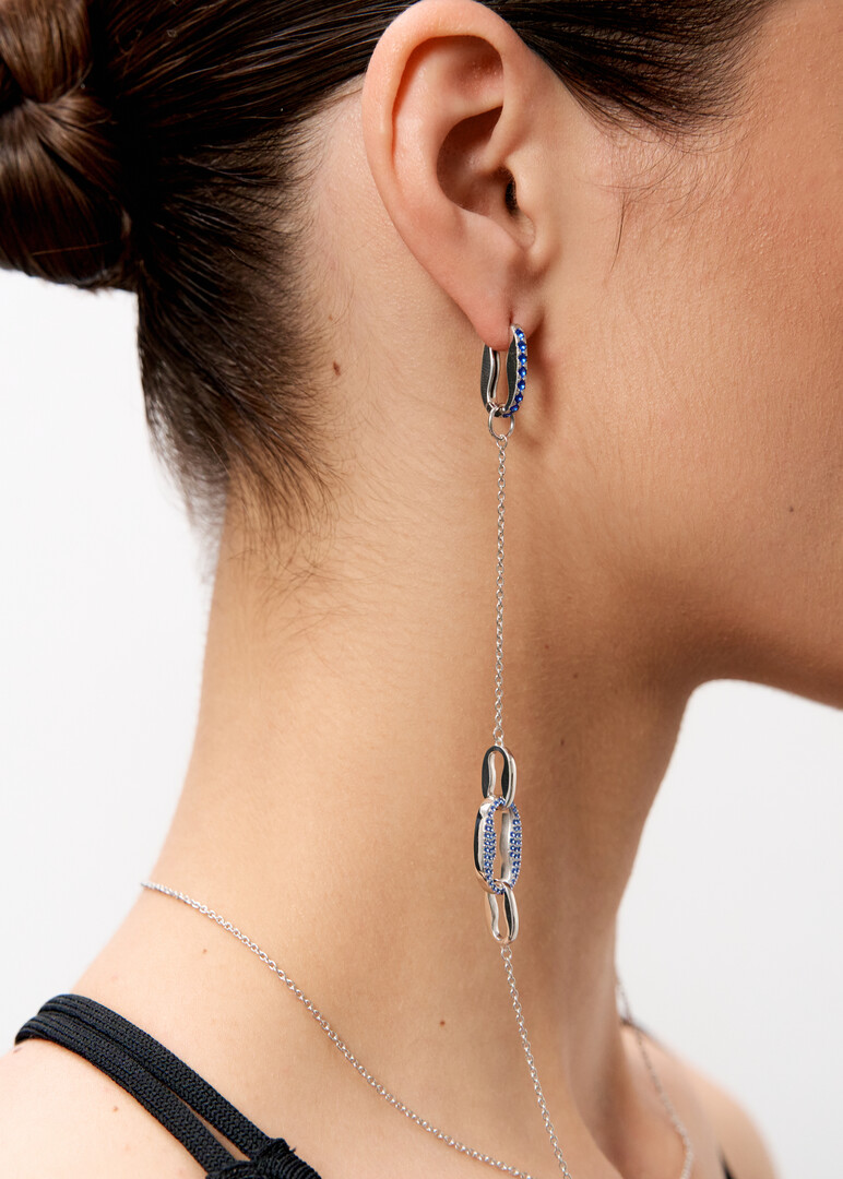 silver earrings with blue cubic zirconia and a removable chain